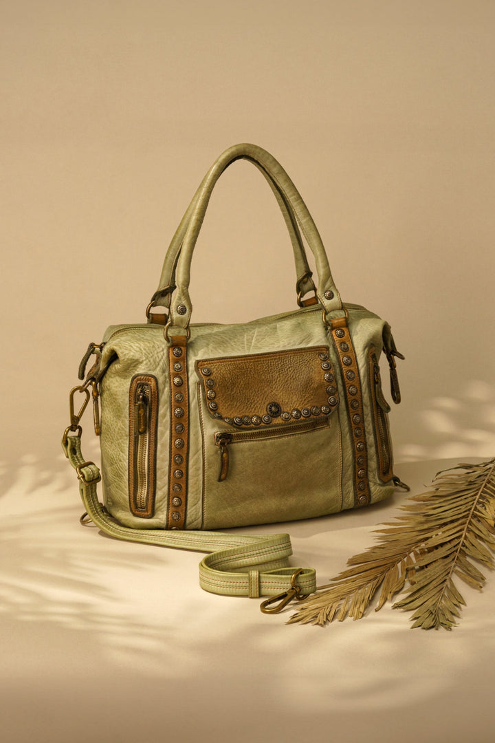 LUSHER BAYSIDE84 MOTORCYCLE STUDDED BAG - GREEN, PISTACHIO GREEN PURSE, STUDDED LEATHER BAG, LUXURY VINTAGE BAGS, 