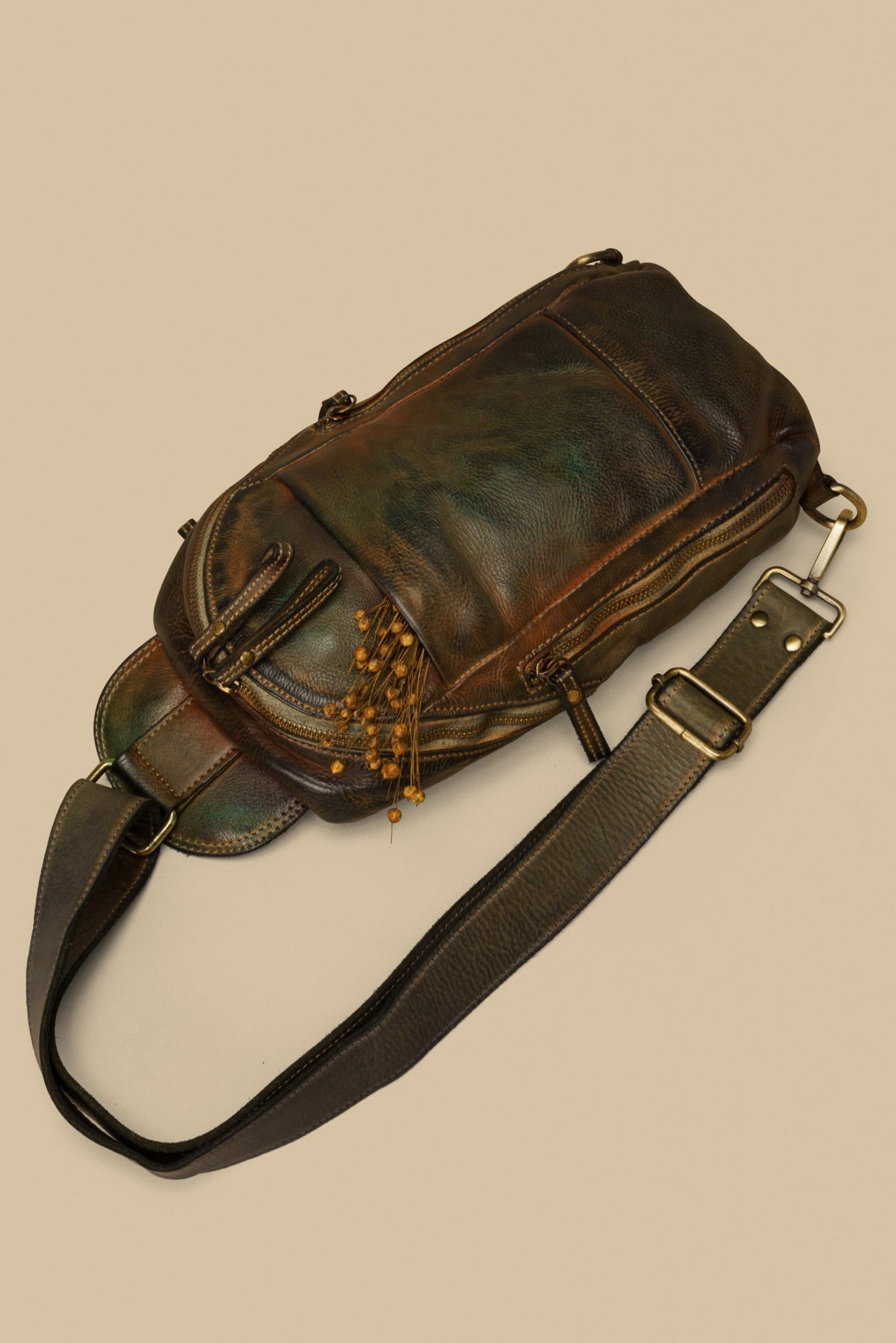 Vintage Italian Leather Crossbody Sling Bag For Men - Petrol