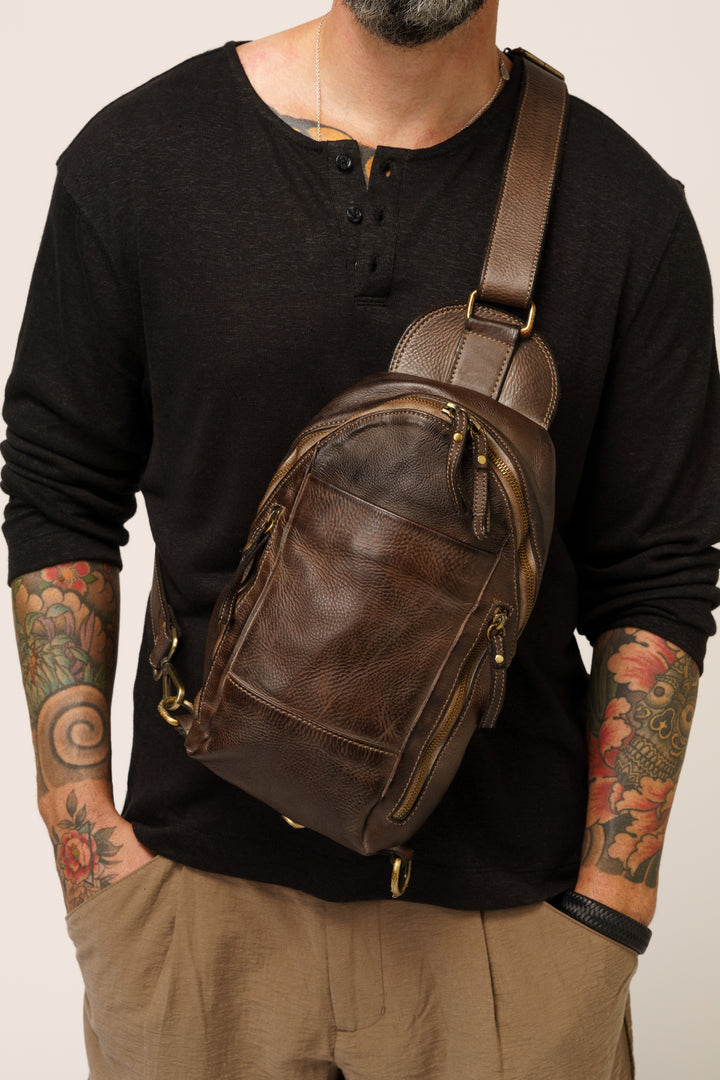 MENS BROWN LEATHER CROSSBODY SLING BAG, MENS BROWN LEATHER CHEST BAG, MENS BROWN TRAVEL BAG, 