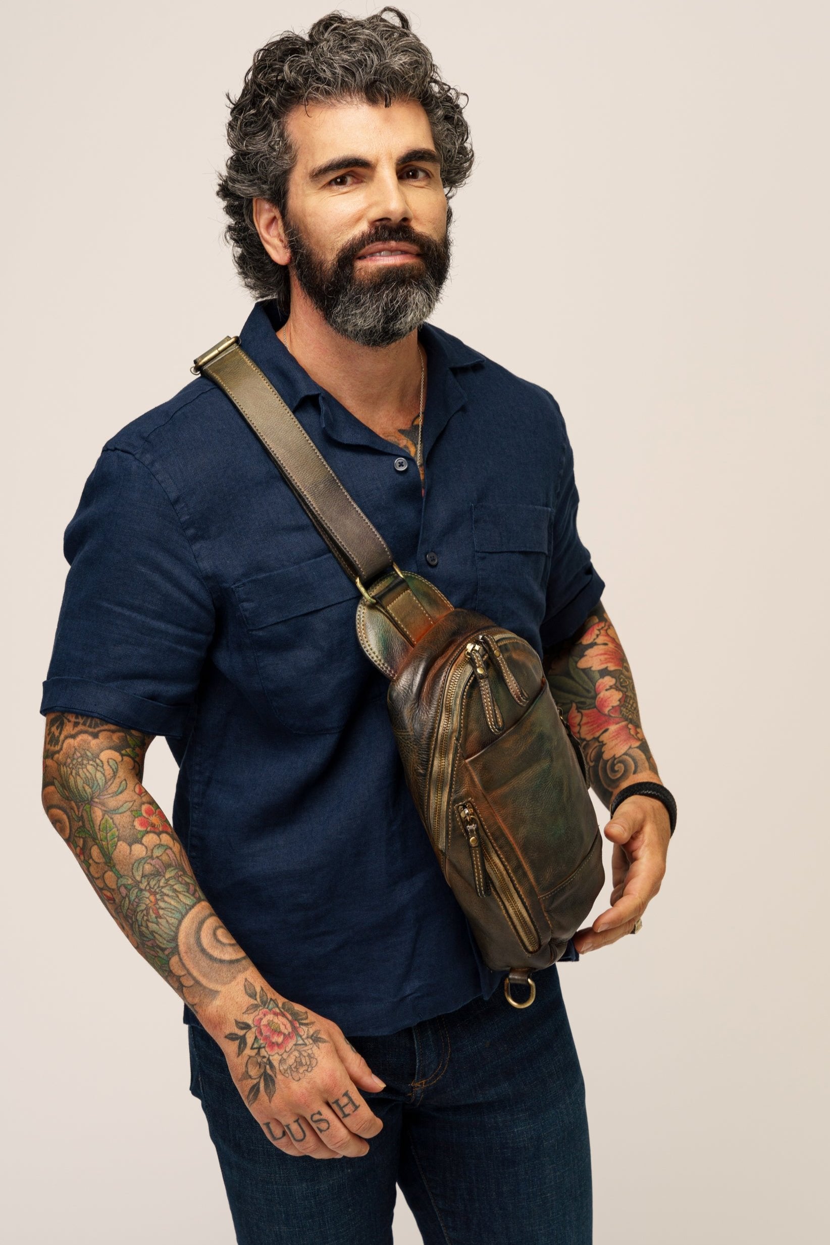 Vintage Italian Leather Crossbody Sling Bag For Men - Petrol