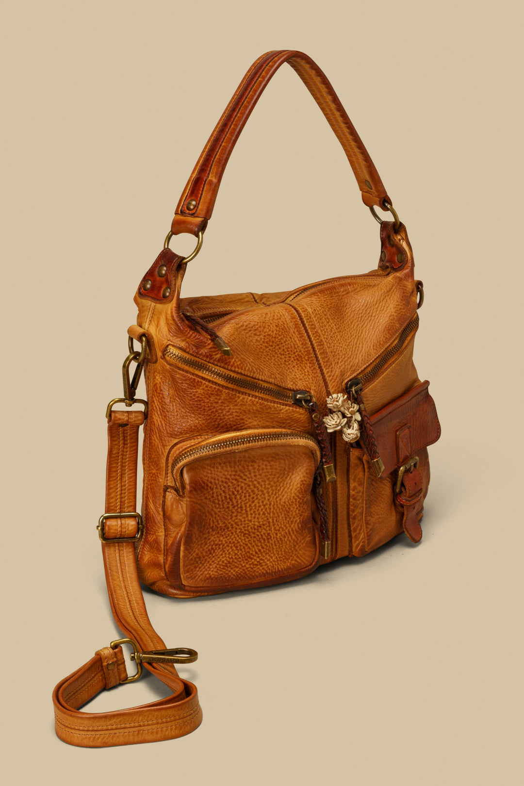 BAYSIDE84 LEATHER BAGS, BAYSIDE84 MULTIPOCKET SHOULDER BAG IN COGNAC, LUSHER BAYSIDE84 BAGS