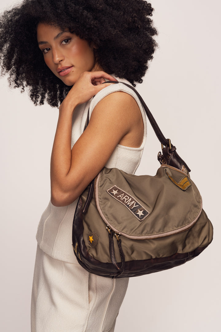 Militare Recycled Nylon Field Bag - Vachetta Leather - Heritage Olive | LUSHER | Re-nylon Shoulder and Crossbody Bag
