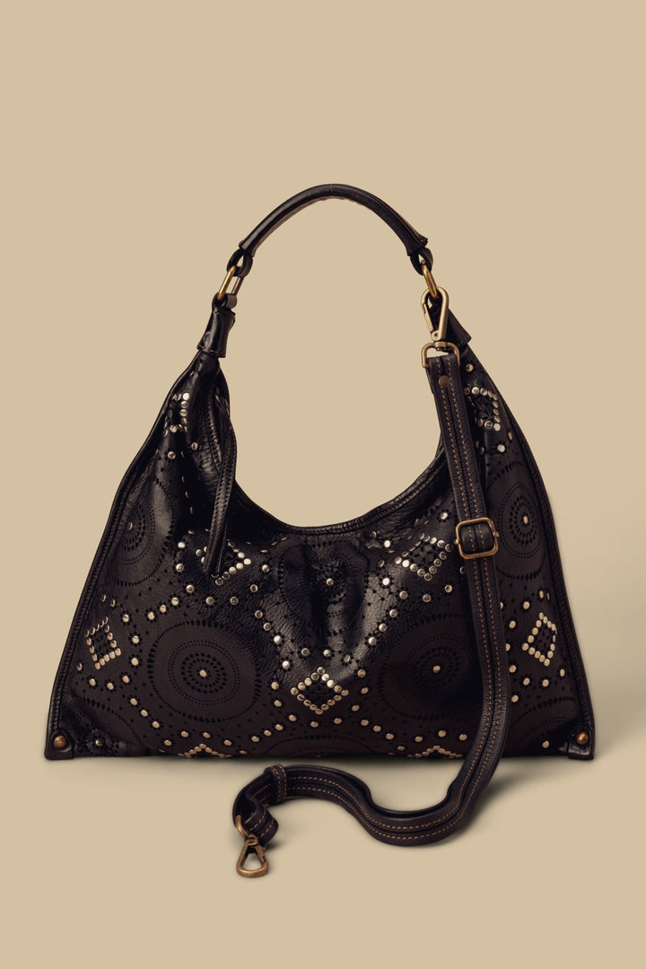 LUSHER NIGHT OUT SHOULDER BAG, BAYSIDE84 BLACK LEATHER BAG, BLACK LEATHER LASER AND STUD DETAILS