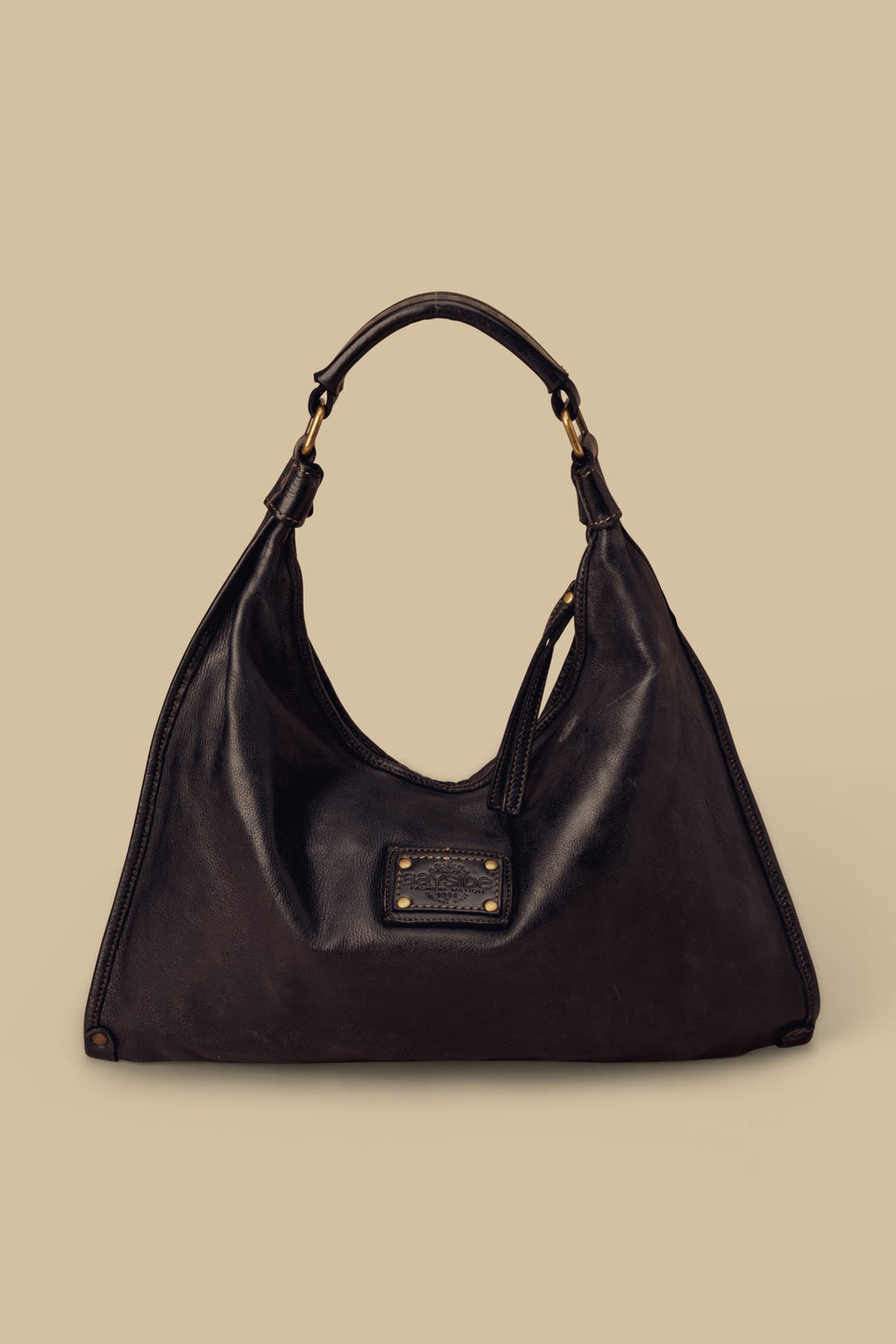 LUSHER NIGHT OUT SHOULDER BAG, BAYSIDE84 BLACK LEATHER BAG, BLACK LEATHER LASER AND STUD DETAILS