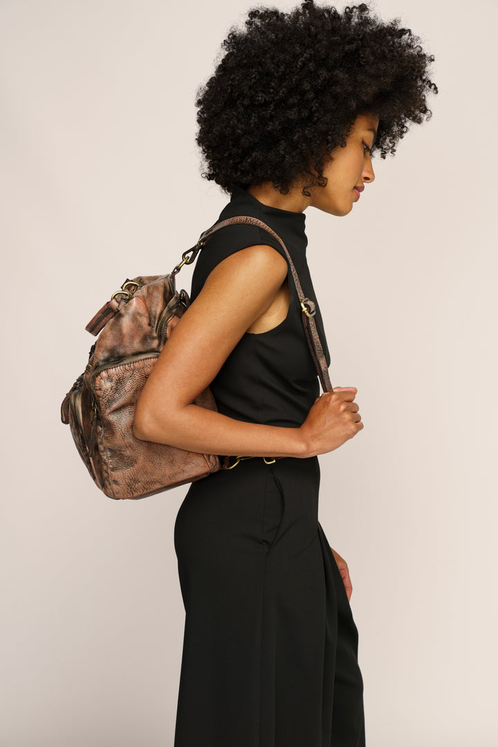 LUSHER QUEST BACKPACK PURSE IN GRAFFITI BLUSH, BLUSH QUEST BACKPACK PURSE, LUSHER AVANT-GARDE LEATHER FINISHES