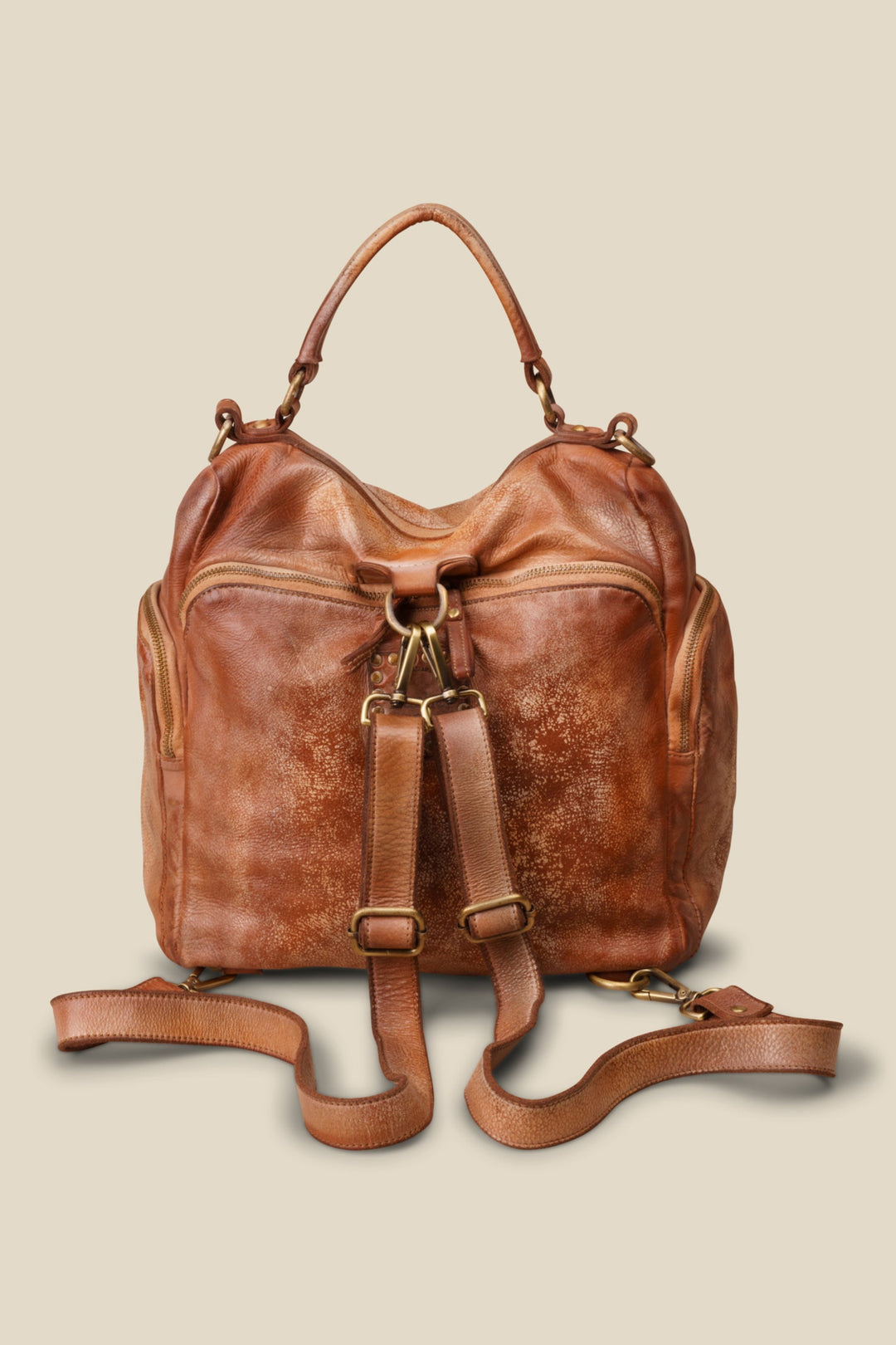 lusher quest backpack purse in gold cognac, soft slouchy leather backpack purse, leather backpack with exterior zip pockets, luxury Italian leather backpack, travel backpack