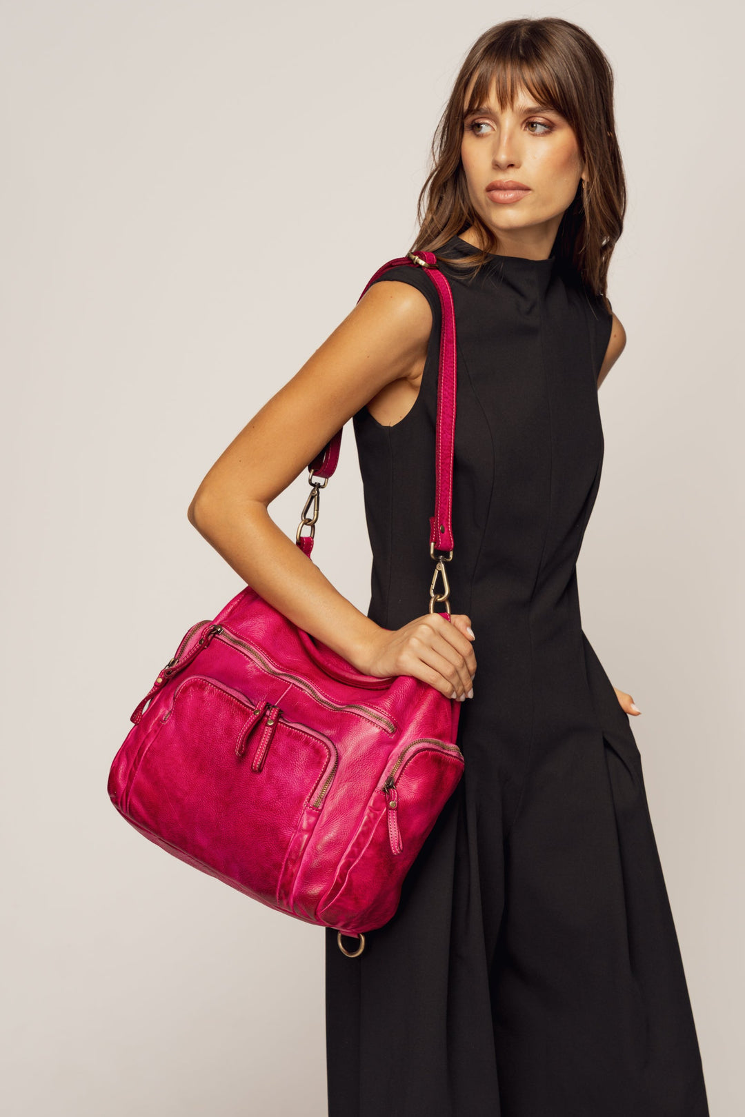 LUSHER QUEST BACKPACK PURSE FUCHSIA, LUSHER QUEST BACKPACK, SOFT SLOUCHY LEATHER BACKPACK, BOHO LEATHER BACKPACK PURSE