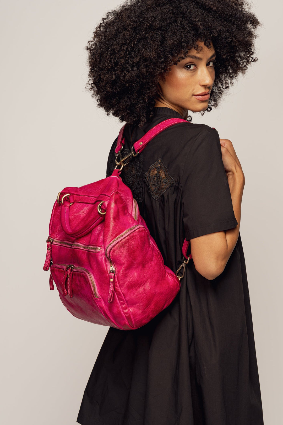 LUSHER QUEST BACKPACK PURSE FUCHSIA, LUSHER QUEST BACKPACK, SOFT SLOUCHY LEATHER BACKPACK, BOHO LEATHER BACKPACK PURSE