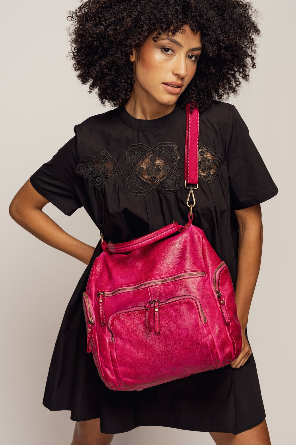 LUSHER QUEST BACKPACK PURSE FUCHSIA, LUSHER QUEST BACKPACK, SOFT SLOUCHY LEATHER BACKPACK, BOHO LEATHER BACKPACK PURSE