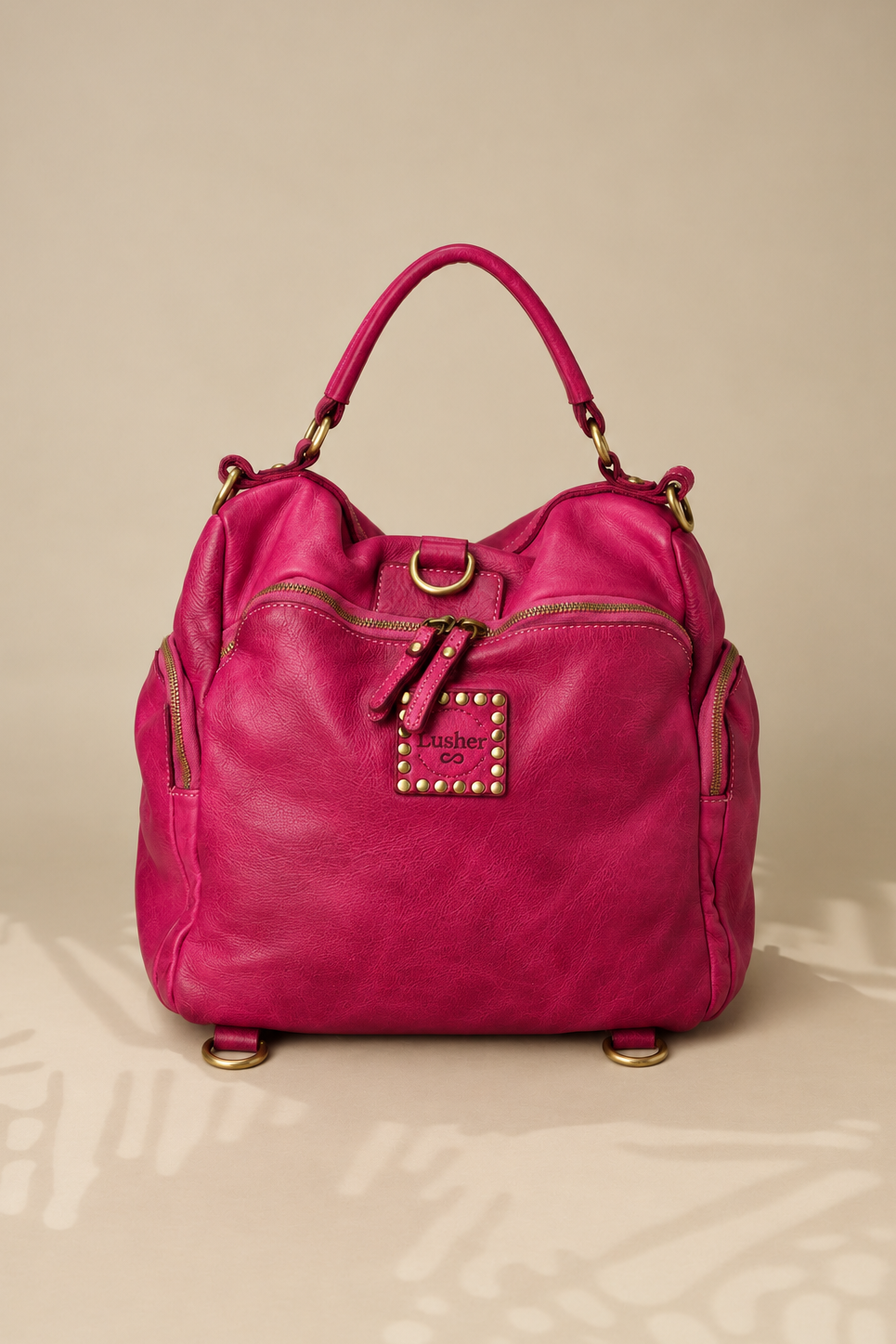 Lusher Original Quest Backpack Purse Fuchsia - Back of the bag with straps removed showing rear zip entrance 