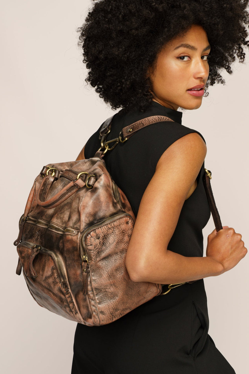 LUSHER QUEST BACKPACK PURSE IN GRAFFITI BLUSH, BLUSH QUEST BACKPACK PURSE, LUSHER AVANT-GARDE LEATHER FINISHES