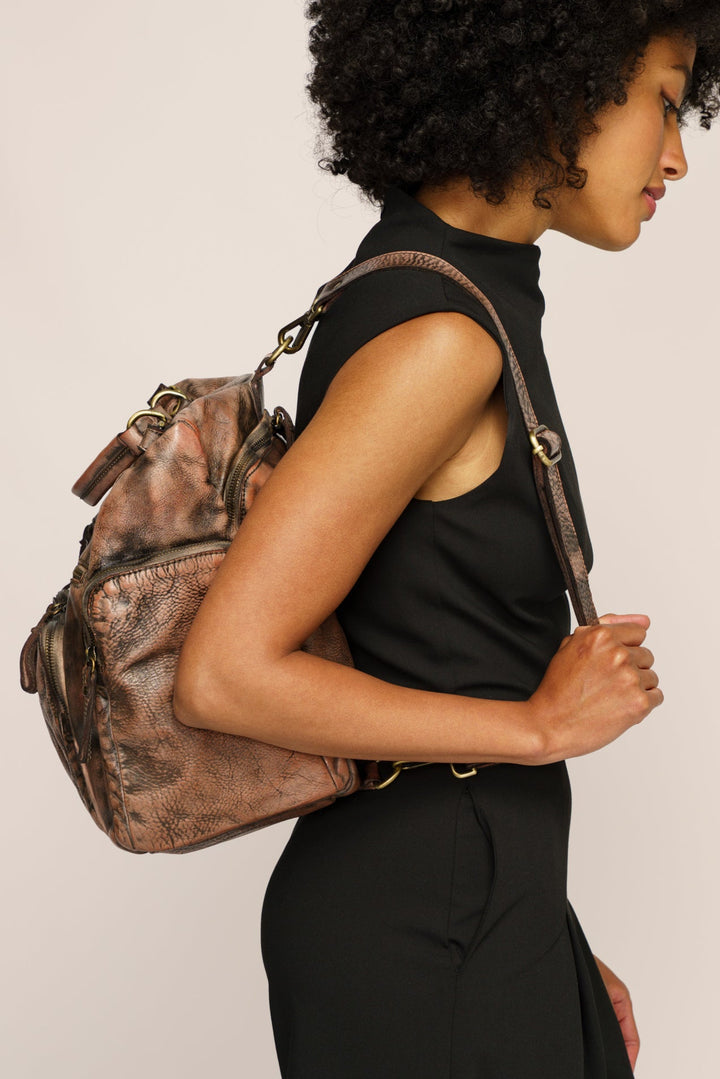 LUSHER QUEST BACKPACK PURSE IN GRAFFITI BLUSH, BLUSH QUEST BACKPACK PURSE, LUSHER AVANT-GARDE LEATHER FINISHES