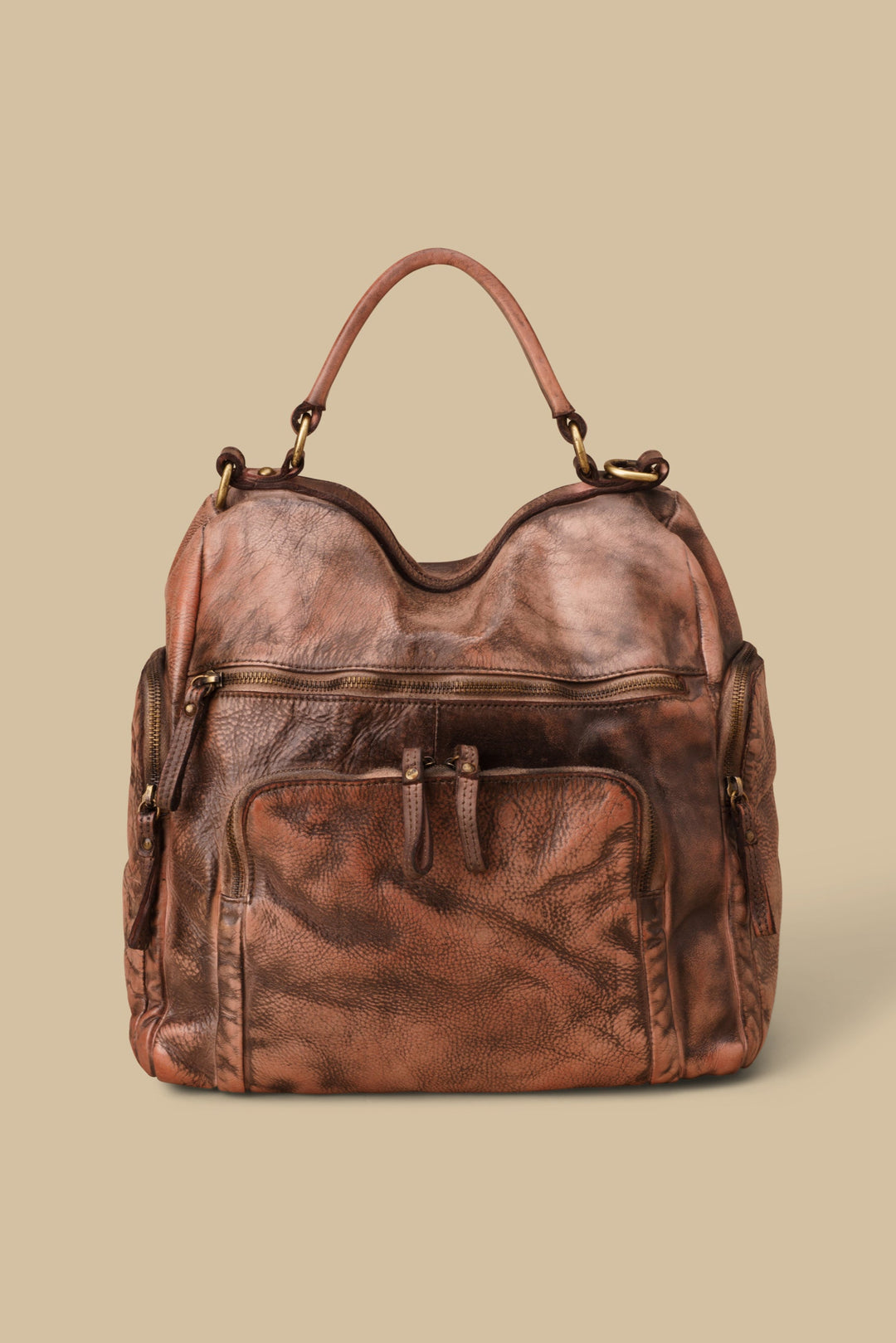 LUSHER QUEST BACKPACK PURSE IN GRAFFITI BLUSH, BLUSH QUEST BACKPACK PURSE, LUSHER AVANT-GARDE LEATHER FINISHES