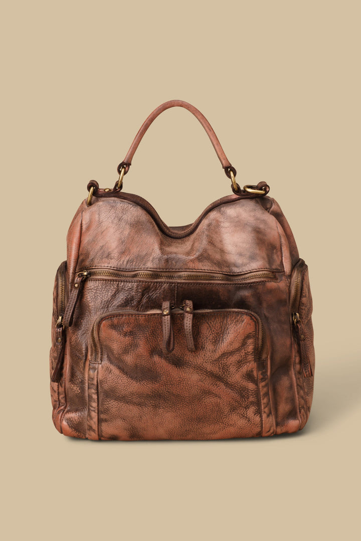 LUSHER QUEST BACKPACK PURSE IN GRAFFITI BLUSH, BLUSH QUEST BACKPACK PURSE, LUSHER AVANT-GARDE LEATHER FINISHES
