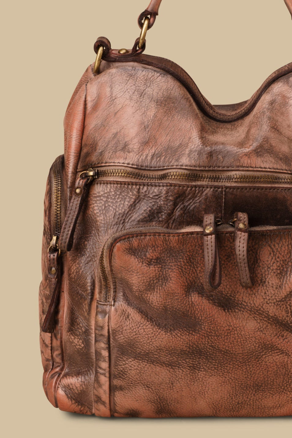 LUSHER QUEST BACKPACK PURSE IN GRAFFITI BLUSH, BLUSH QUEST BACKPACK PURSE, LUSHER AVANT-GARDE LEATHER FINISHES