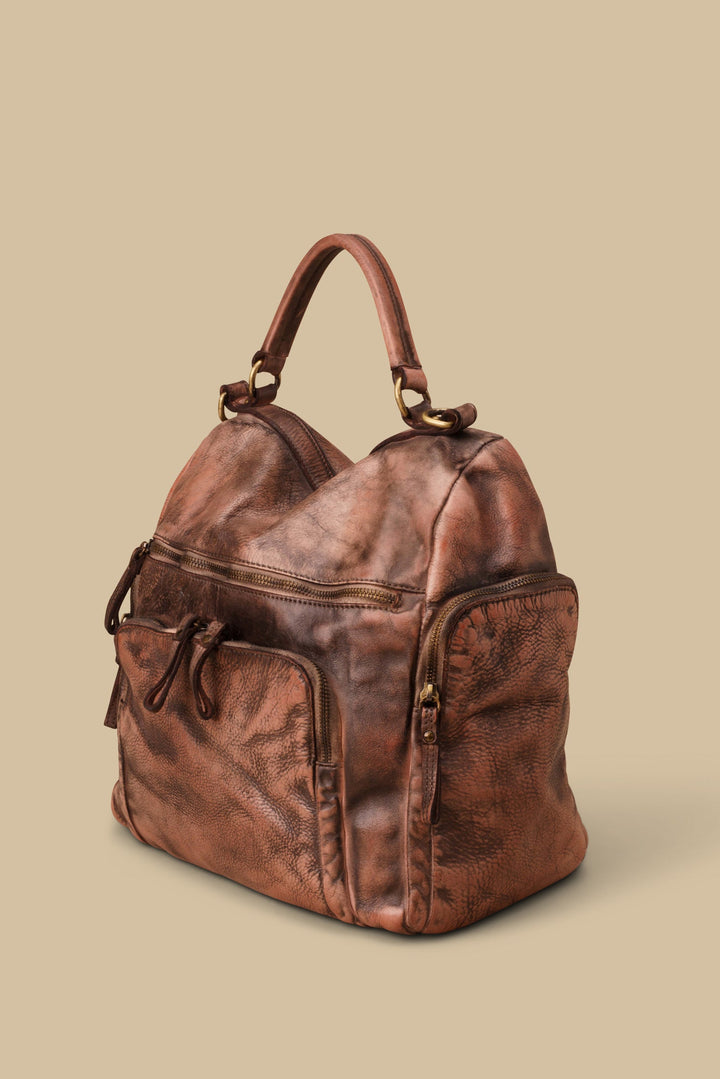 LUSHER QUEST BACKPACK PURSE IN GRAFFITI BLUSH, BLUSH QUEST BACKPACK PURSE, LUSHER AVANT-GARDE LEATHER FINISHES