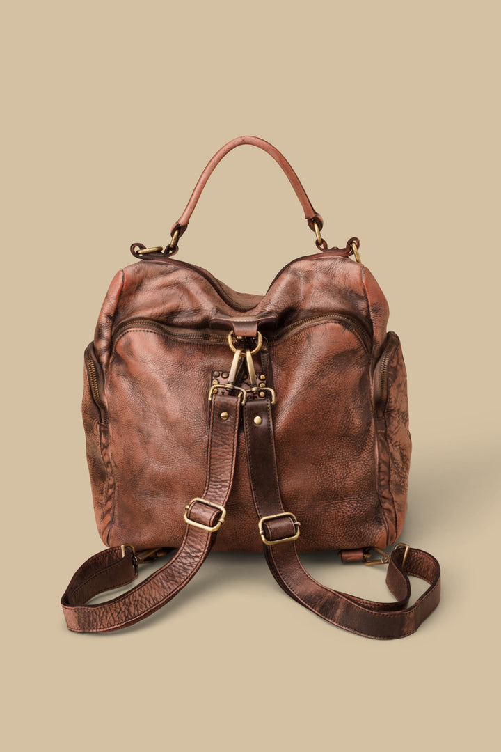 LUSHER QUEST BACKPACK PURSE IN GRAFFITI BLUSH, BLUSH QUEST BACKPACK PURSE, LUSHER AVANT-GARDE LEATHER FINISHES