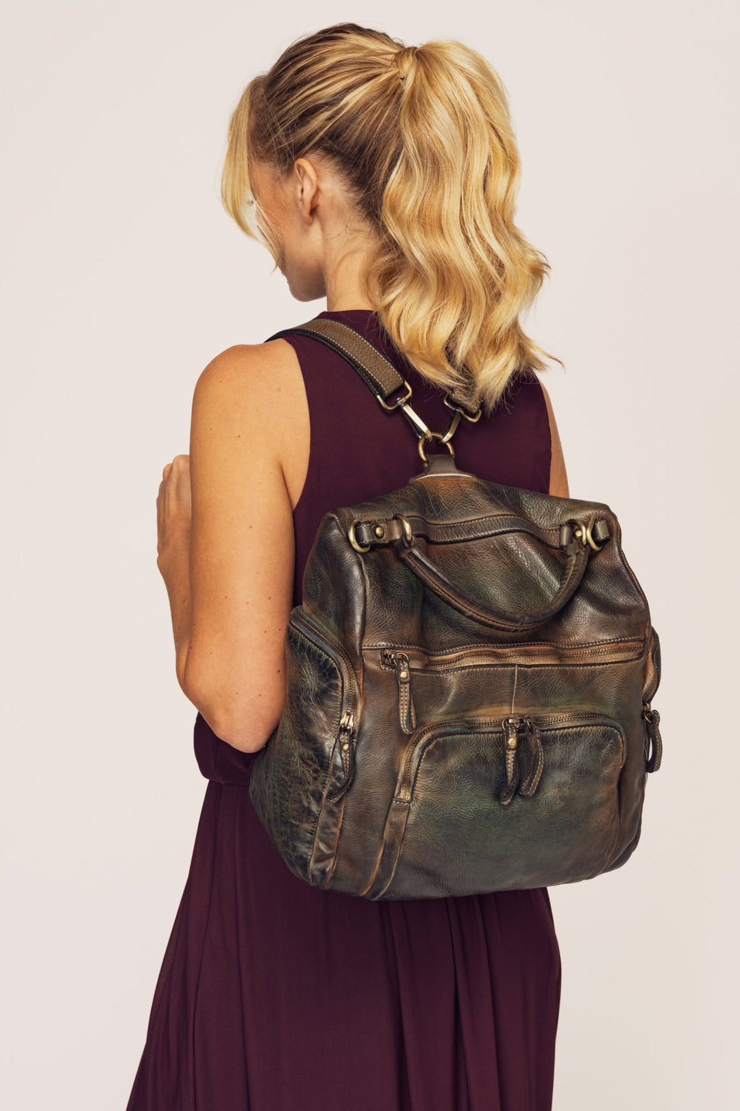 Vintage Italian Leather Quest Backpack Purse - Petrol