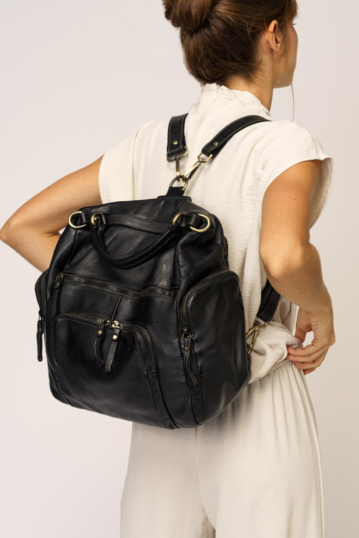 QUEST BACKPACK PURSE BLACK, BLACK LEATHER BACKPACK, DESIGNER LEATHER BACKPACKS, VINTAGE BACKPACKS, LUSHER BACKPACKS