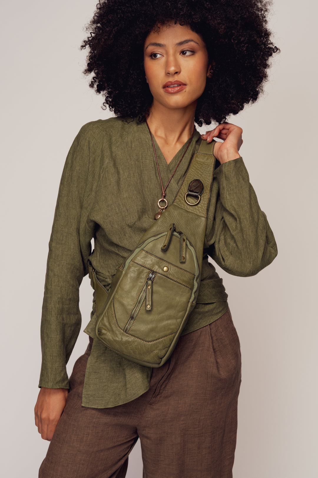 LUSHER LEATHER ROAM SLING BAG SAGE GREEN, LUSHER + BAYSIDE84 COLLAB, GREEN LEATHER SLING BAG,  LEATHER CROSSBODY SLING BAG, SMALL LEATHER SLING BAG, LEATHER CHEST BAG GREEN, GREEN FESTIVAL BAGS, GREEN TRAVEL SLING BAG, GREEN CROSSBODY PHONE BAG