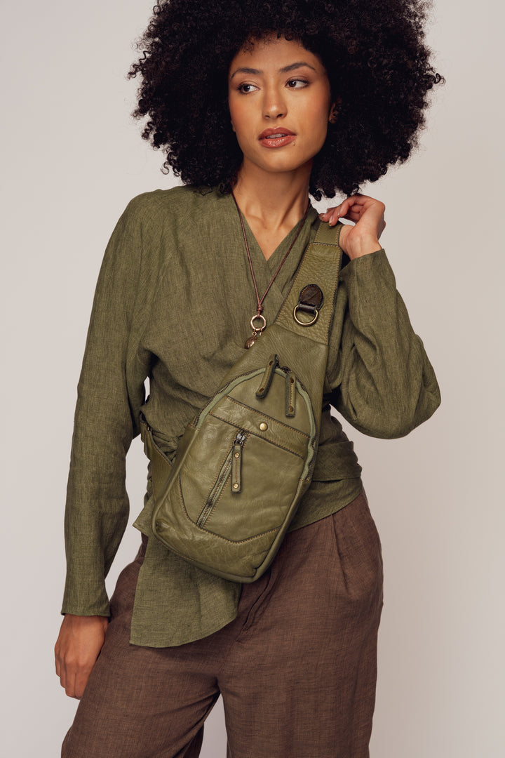 LUSHER LEATHER ROAM SLING BAG SAGE GREEN, LUSHER + BAYSIDE84 COLLAB, GREEN LEATHER SLING BAG,  LEATHER CROSSBODY SLING BAG, SMALL LEATHER SLING BAG, LEATHER CHEST BAG GREEN, GREEN FESTIVAL BAGS, GREEN TRAVEL SLING BAG, GREEN CROSSBODY PHONE BAG