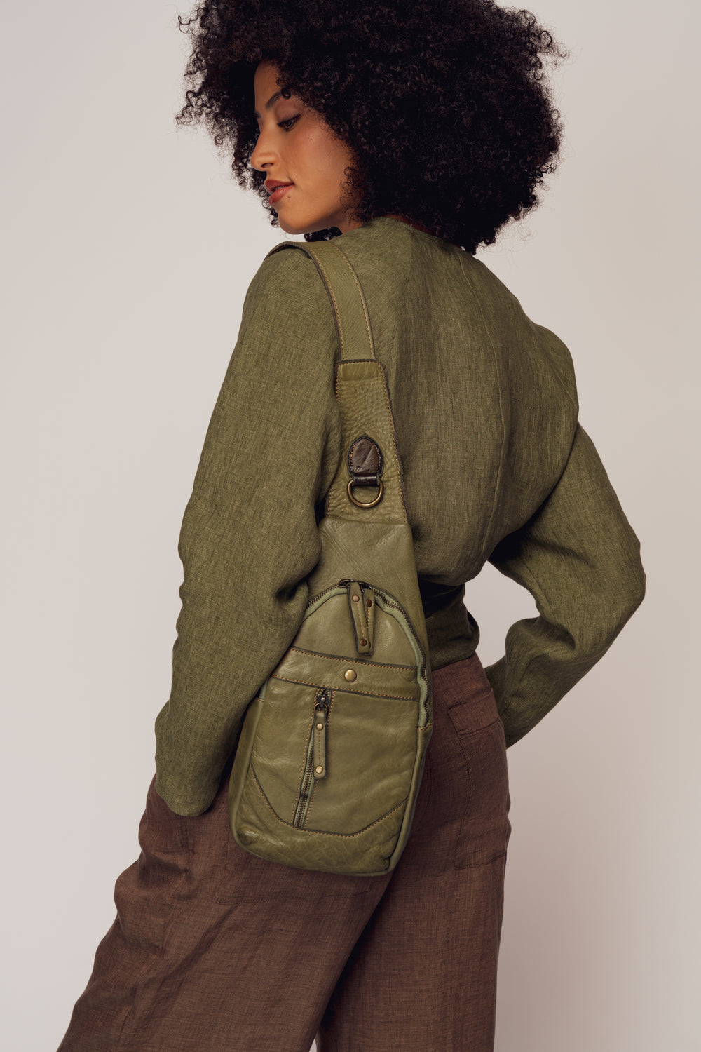 LUSHER  LEATHER ROAM SLING BAG SAGE GREEN, LUSHER + BAYSIDE84 COLLAB, GREEN LEATHER SLING BAG,  LEATHER CROSSBODY SLING BAG, SMALL LEATHER SLING BAG, LEATHER CHEST BAG GREEN, GREEN FESTIVAL BAGS, GREEN TRAVEL SLING BAG, GREEN CROSSBODY PHONE BAG
