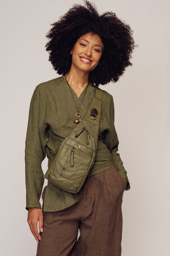 LUSHER LEATHER ROAM SLING BAG SAGE GREEN, LUSHER + BAYSIDE84 COLLAB, GREEN LEATHER SLING BAG,  LEATHER CROSSBODY SLING BAG, SMALL LEATHER SLING BAG, LEATHER CHEST BAG GREEN, GREEN FESTIVAL BAGS, GREEN TRAVEL SLING BAG, GREEN CROSSBODY PHONE BAG