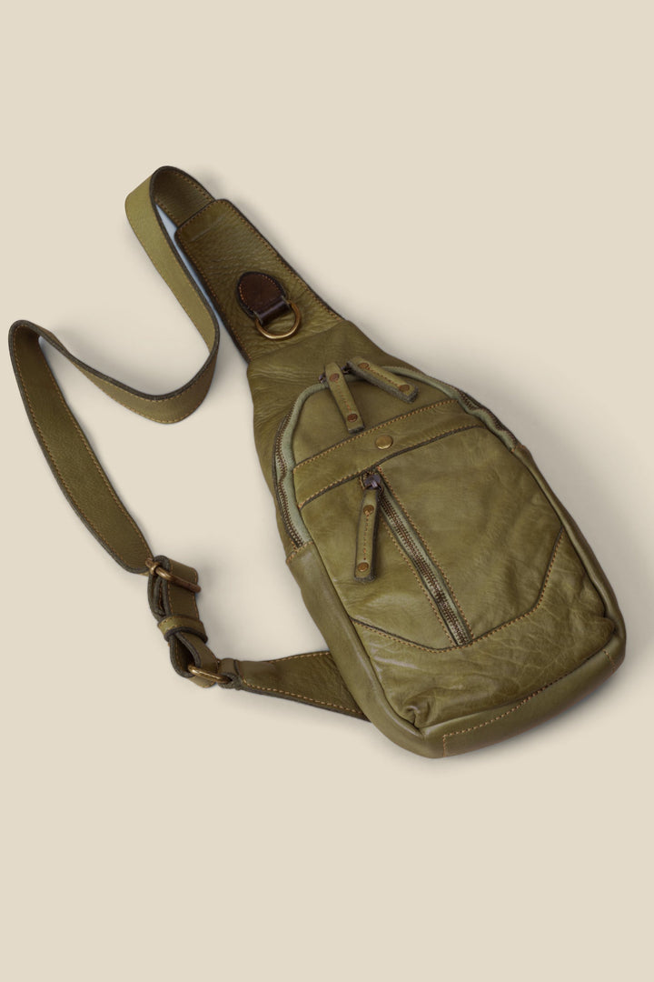 LUSHER SOFT SLOUCHY SMALL LEATHER ROAM SLING BAG SAGE GREEN, LUSHER + BAYSIDE84 COLLAB, GREEN LEATHER SLING BAG,  LEATHER CROSSBODY SLING BAG, SMALL LEATHER SLING BAG, LEATHER CHEST BAG GREEN, GREEN FESTIVAL BAGS, GREEN TRAVEL SLING BAG, GREEN CROSSBODY PHONE BAG