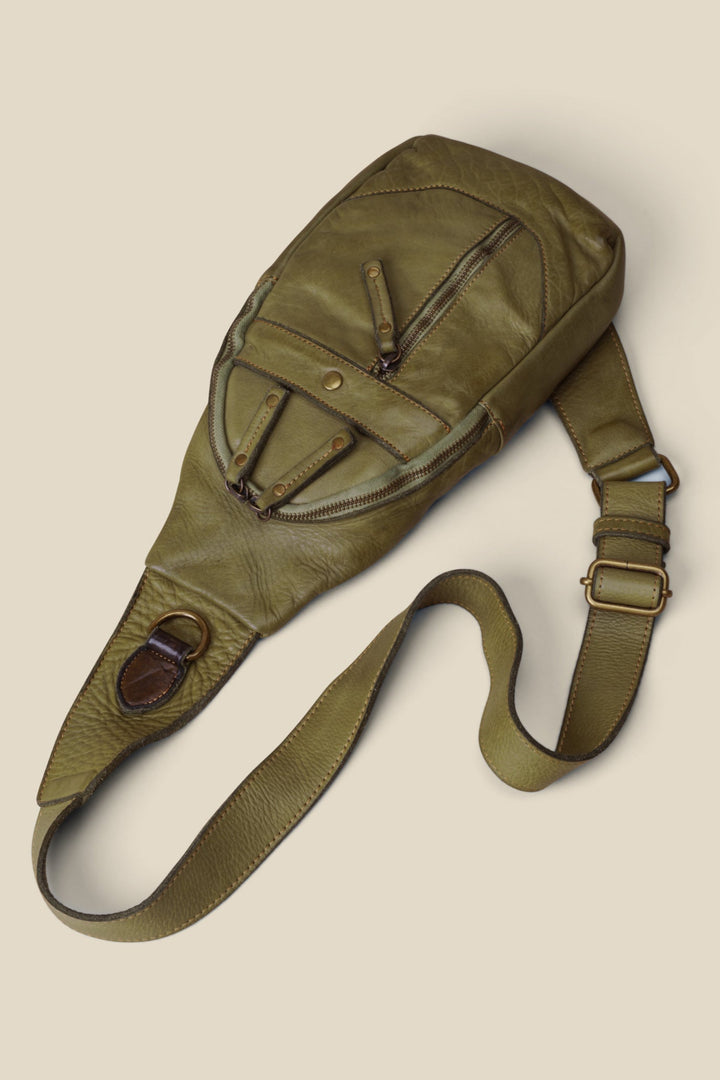 LUSHER SOFT SLOUCHY SMALL LEATHER ROAM SLING BAG SAGE GREEN, LUSHER + BAYSIDE84 COLLAB, GREEN LEATHER SLING BAG,  LEATHER CROSSBODY SLING BAG, SMALL LEATHER SLING BAG, LEATHER CHEST BAG GREEN, GREEN FESTIVAL BAGS, GREEN TRAVEL SLING BAG, GREEN CROSSBODY PHONE BAG