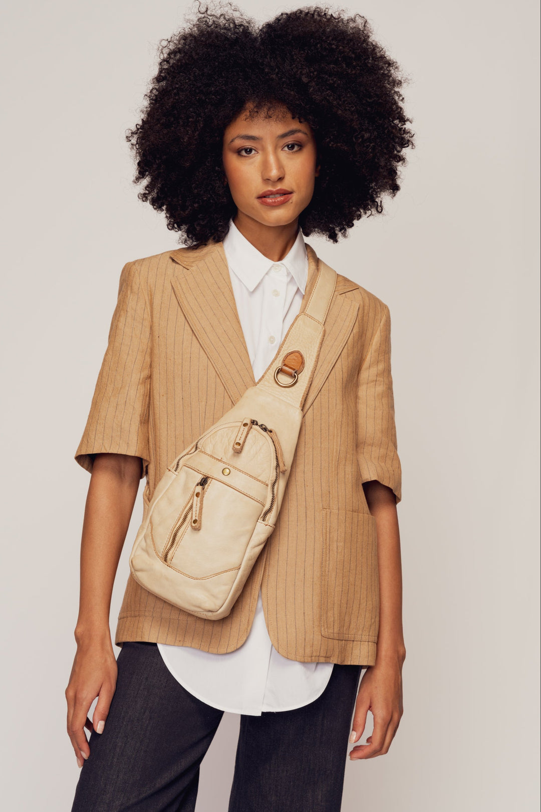 LUSHER ROAM SLING BAG SAND, BEIGE LEATHER SLING BAG, CROSSBODY SLING BAG, LEATHER PHONE SLING BAG, BEIGE TRAVEL SLING BAG 