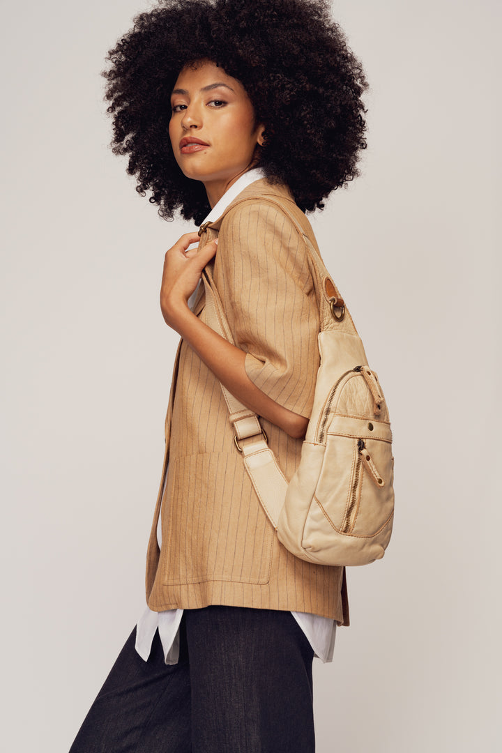 LUSHER ROAM SLING BAG SAND, BEIGE LEATHER SLING BAG, CROSSBODY SLING BAG, LEATHER PHONE SLING BAG, BEIGE TRAVEL SLING BAG 