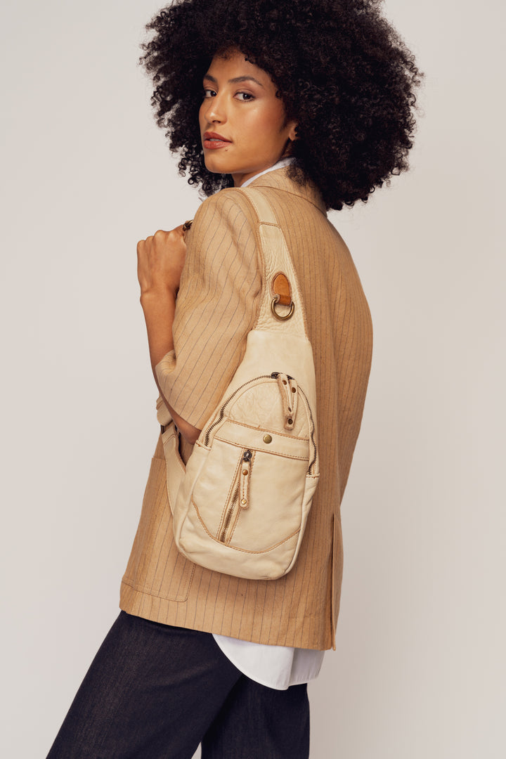 LUSHER ROAM SLING BAG SAND, BEIGE LEATHER SLING BAG, CROSSBODY SLING BAG, LEATHER PHONE SLING BAG, BEIGE TRAVEL SLING BAG 