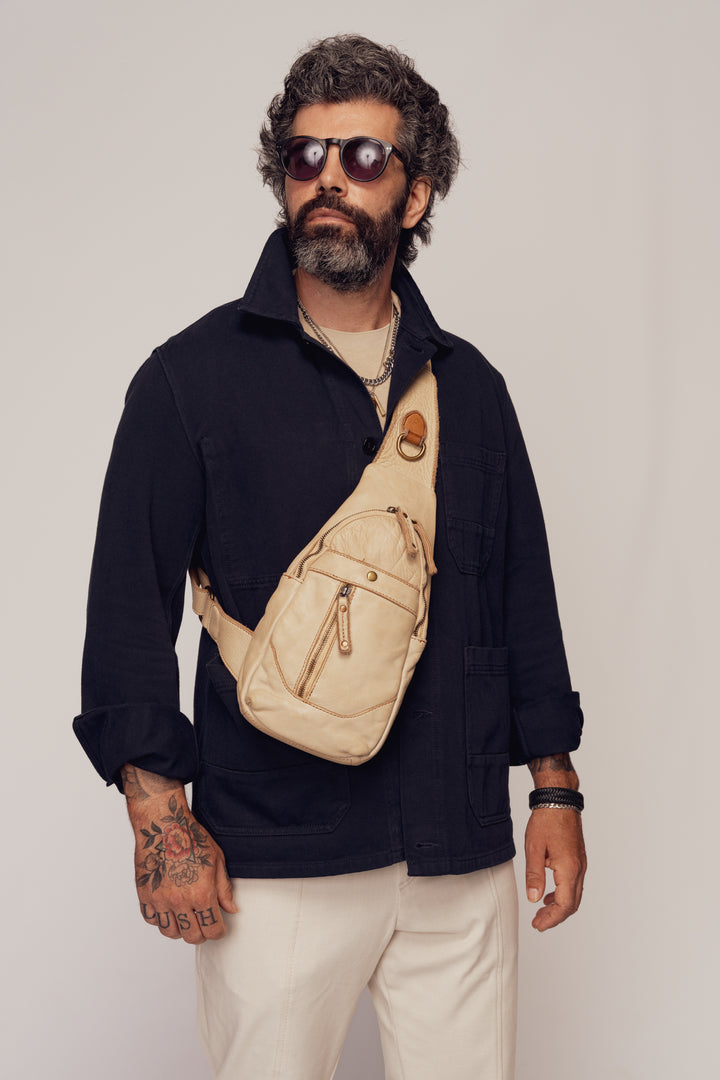 LUSHER ROAM SLING BAG SAND, BEIGE LEATHER SLING BAG, CROSSBODY SLING BAG, MEN'S LEATHER PHONE SLING BAG, MEN'S BEIGE TRAVEL SLING BAG 