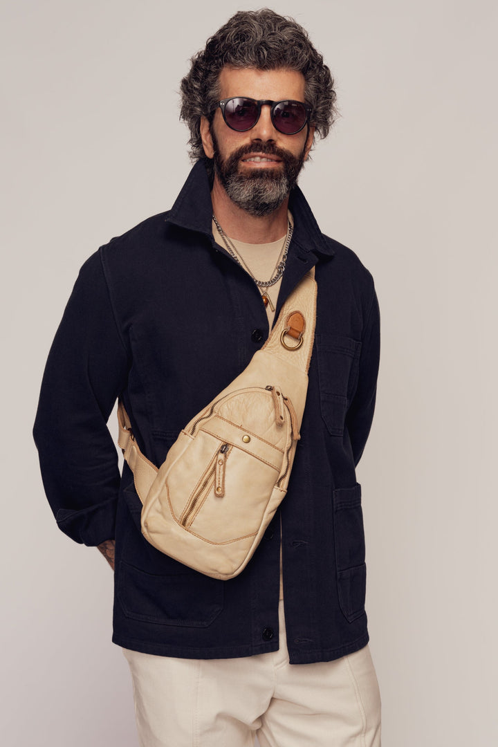 LUSHER MEN'S ROAM SLING BAG SAND, BEIGE LEATHER SLING BAG, CROSSBODY SLING BAG, MEN'S  LEATHER PHONE SLING BAG, MEN'S BEIGE TRAVEL SLING BAG 