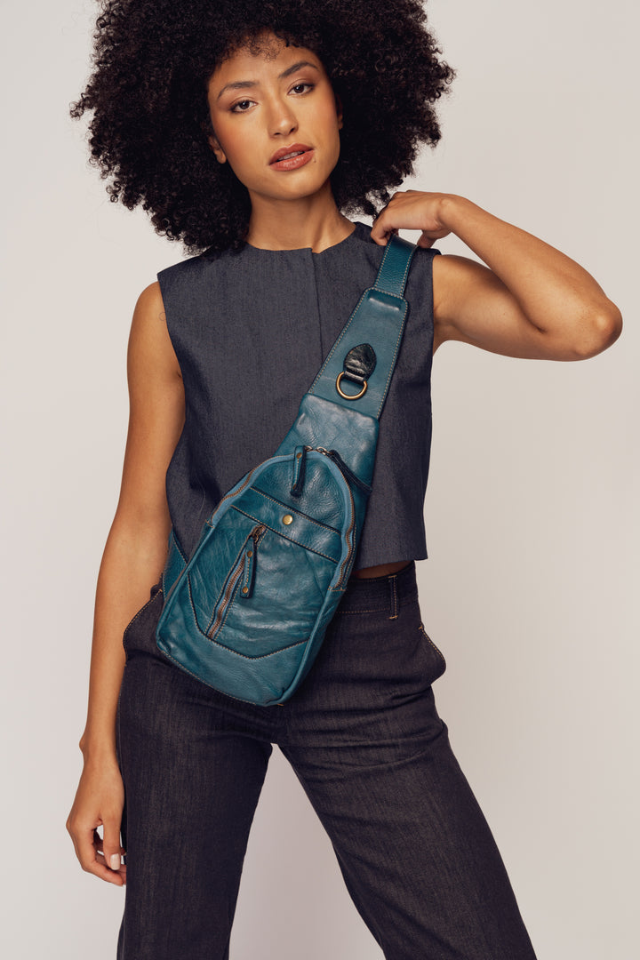 LUSHER ROAM SLING BAG BLUE, BLUE LEATHER SLING BAG, SOFT VINTAGE LEATHER SLING BAG, BAYSIDE84 + LUSHER COLLAB, BLUE CROSSBODY BAG, TEAL BLUE SLING BAG, BOHO SOFT SLOUCHY SLING BAG