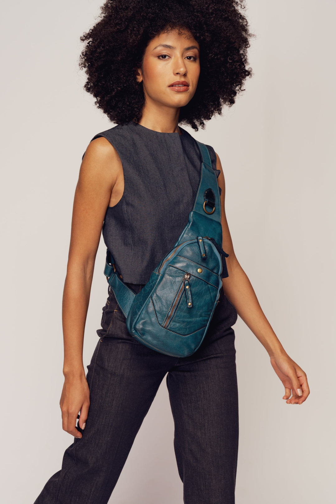 LUSHER ROAM SLING BAG BLUE, BLUE LEATHER SLING BAG, SOFT VINTAGE LEATHER SLING BAG, BAYSIDE84 + LUSHER COLLAB, BLUE CROSSBODY BAG, TEAL BLUE SLING BAG, BOHO SOFT SLOUCHY SLING BAG