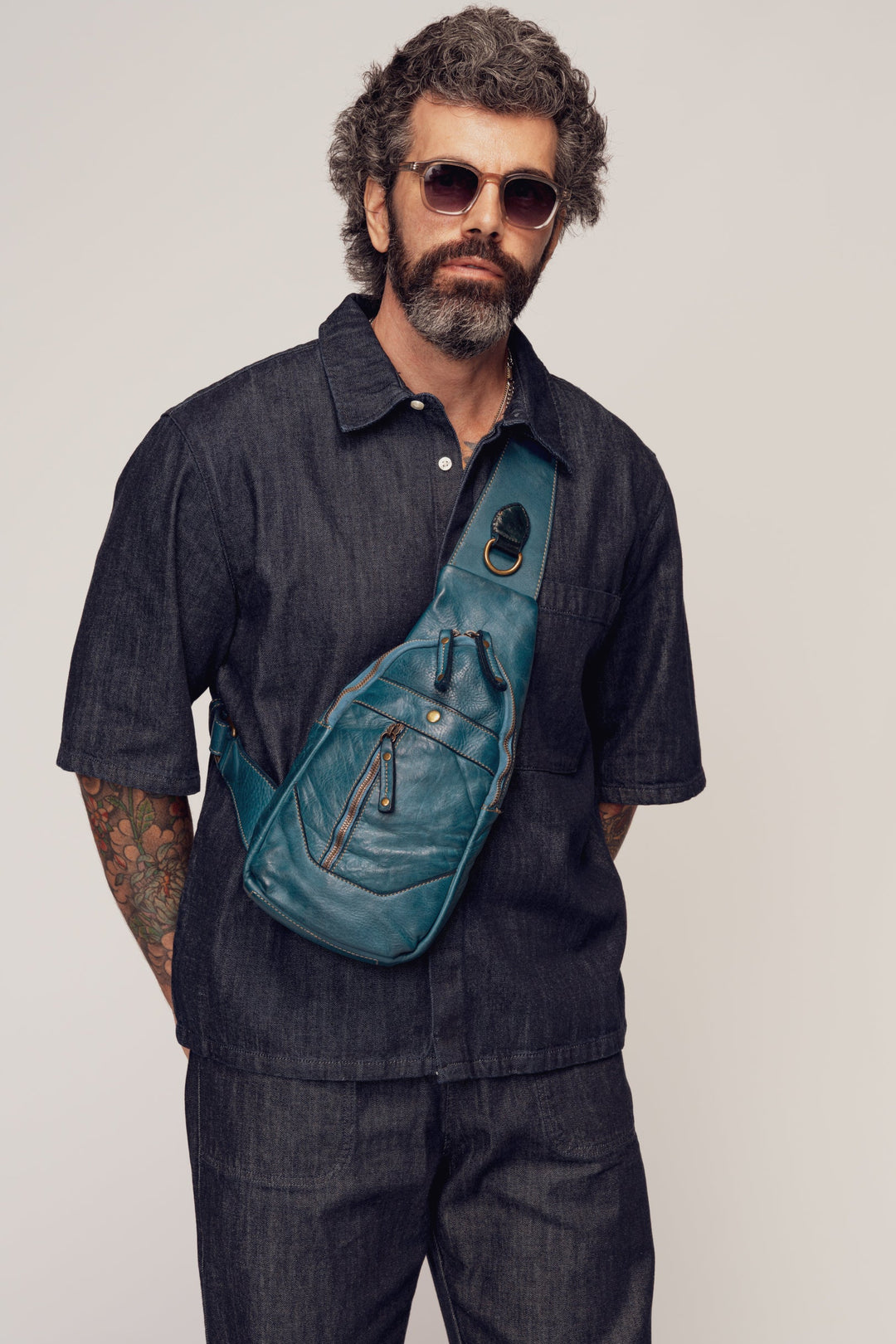 LUSHER Men's ROAM SLING BAG BLUE, MEN'S BLUE LEATHER SLING BAG, SOFT VINTAGE LEATHER SLING BAG, BAYSIDE84 + LUSHER COLLAB, MEN'S BLUE CROSSBODY BAG, TEAL BLUE SLING BAG, BOHO SOFT SLOUCHY SLING BAG