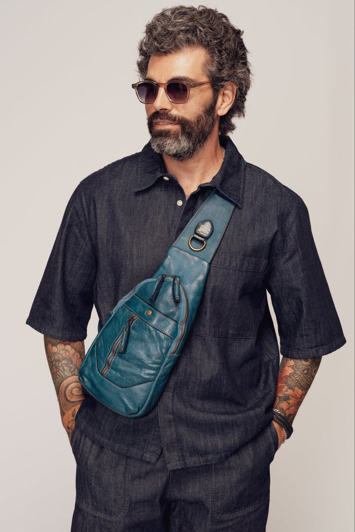LUSHER MEN'S ROAM SLING BAG BLUE, BLUE LEATHER SLING BAG, MEN'S SOFT VINTAGE LEATHER SLING BAG, BAYSIDE84 + LUSHER COLLAB, MEN'S BLUE CROSSBODY BAG, MEN'S TEAL BLUE SLING BAG, BOHO SOFT SLOUCHY SLING BAG