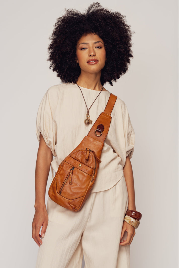 LUSHER ROAM SLING BAG COGNAC, LUSHER + BAYSIDE84 COGNAC, COGNAC LEATHER SLING BAG, SOFT SLOUCHY BOHO CROSSBODY SLING BAG, BUTTERY SOFT LEATHER SLING BAG, ITALIAN LEATHER SLING BAG