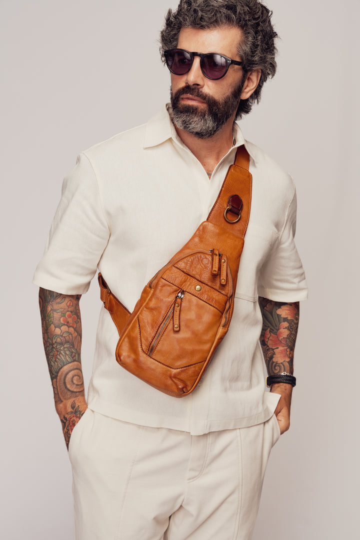 LUSHER ROAM SLING BAG COGNAC, LUSHER + BAYSIDE84 COGNAC, COGNAC LEATHER SLING BAG, SOFT SLOUCHY BOHO CROSSBODY SLING BAG, BUTTERY SOFT LEATHER SLING BAG, ITALIAN LEATHER SLING BAG