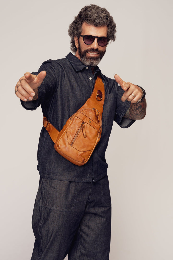 LUSHER MEN'S ROAM SLING BAG COGNAC, LUSHER + BAYSIDE84 COGNAC, MEN'S COGNAC LEATHER SLING BAG, SOFT SLOUCHY BOHO CROSSBODY SLING BAG, BUTTERY SOFT LEATHER SLING BAG, MEN'S ITALIAN LEATHER SLING BAG