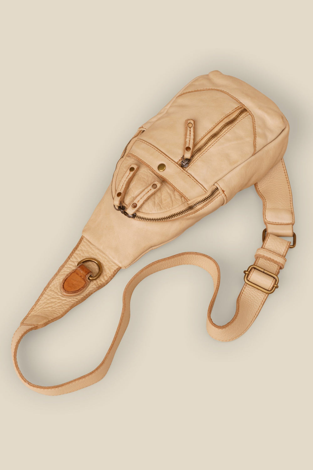 LUSHER ROAM SLING BAG SAND, BEIGE LEATHER SLING BAG, CROSSBODY SLING BAG, LEATHER PHONE SLING BAG, BEIGE TRAVEL SLING BAG 
