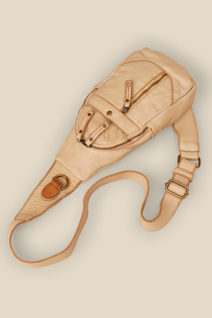 LUSHER ROAM SLING BAG SAND, BEIGE LEATHER SLING BAG, CROSSBODY SLING BAG, LEATHER PHONE SLING BAG, BEIGE TRAVEL SLING BAG 