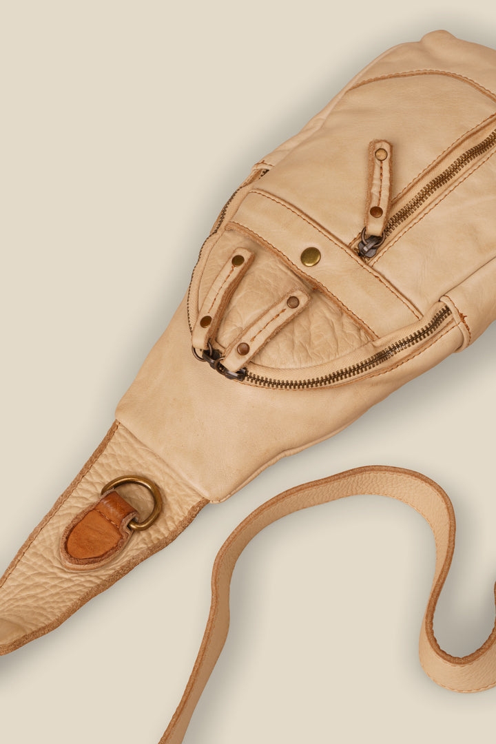 LUSHER ROAM SLING BAG SAND, BEIGE LEATHER SLING BAG, CROSSBODY SLING BAG, LEATHER PHONE SLING BAG, BEIGE TRAVEL SLING BAG 
