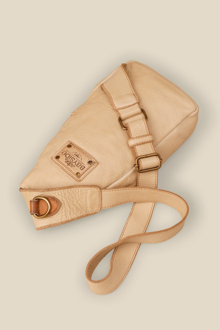 LUSHER ROAM SLING BAG SAND, BEIGE LEATHER SLING BAG, CROSSBODY SLING BAG, LEATHER PHONE SLING BAG, BEIGE TRAVEL SLING BAG 