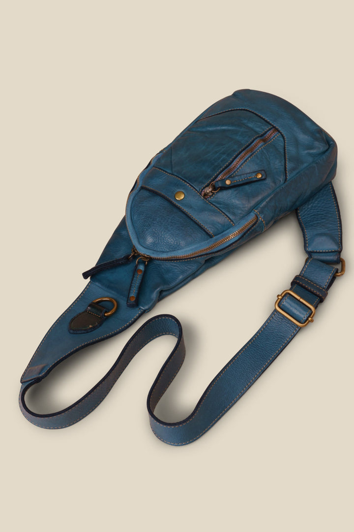 LUSHER ROAM SLING BAG BLUE, BLUE LEATHER SLING BAG, SOFT VINTAGE LEATHER SLING BAG, BAYSIDE84 + LUSHER COLLAB, BLUE CROSSBODY BAG, TEAL BLUE SLING BAG, BOHO SOFT SLOUCHY SLING BAG