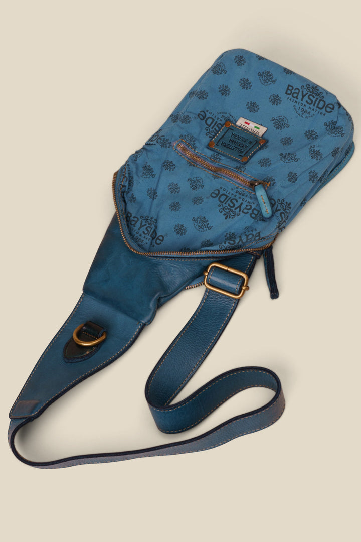 LUSHER ROAM SLING BAG BLUE, BLUE LEATHER SLING BAG, SOFT VINTAGE LEATHER SLING BAG, BAYSIDE84 + LUSHER COLLAB, BLUE CROSSBODY BAG, TEAL BLUE SLING BAG, BOHO SOFT SLOUCHY SLING BAG