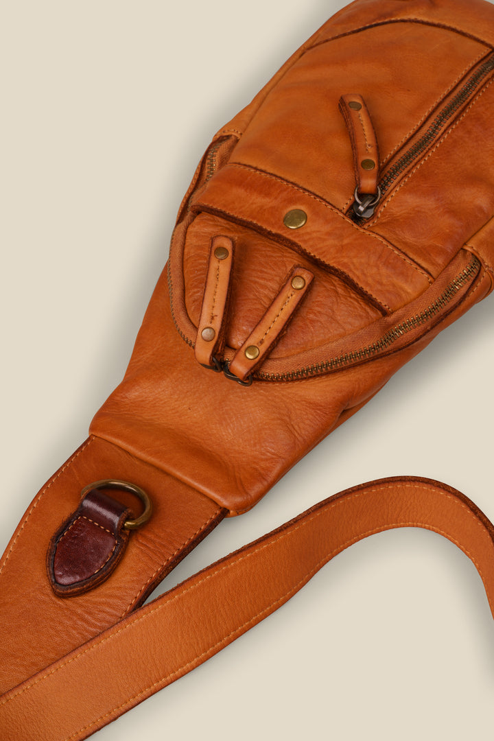 LUSHER ROAM SLING BAG COGNAC, LUSHER + BAYSIDE84 COGNAC, COGNAC LEATHER SLING BAG, SOFT SLOUCHY BOHO CROSSBODY SLING BAG, BUTTERY SOFT LEATHER SLING BAG, ITALIAN LEATHER SLING BAG
