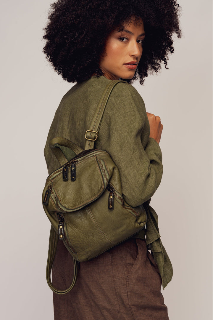 LUSHER SOFT SLOUCHY SMALL LEATHER BACKPACK SAGE GREEN, LUSHER + BAYSIDE84 COLLAB, GREEN BACKPACK PURSE, MINI LEATHER BACKPACK, SMALL LEATHER BACKPACK