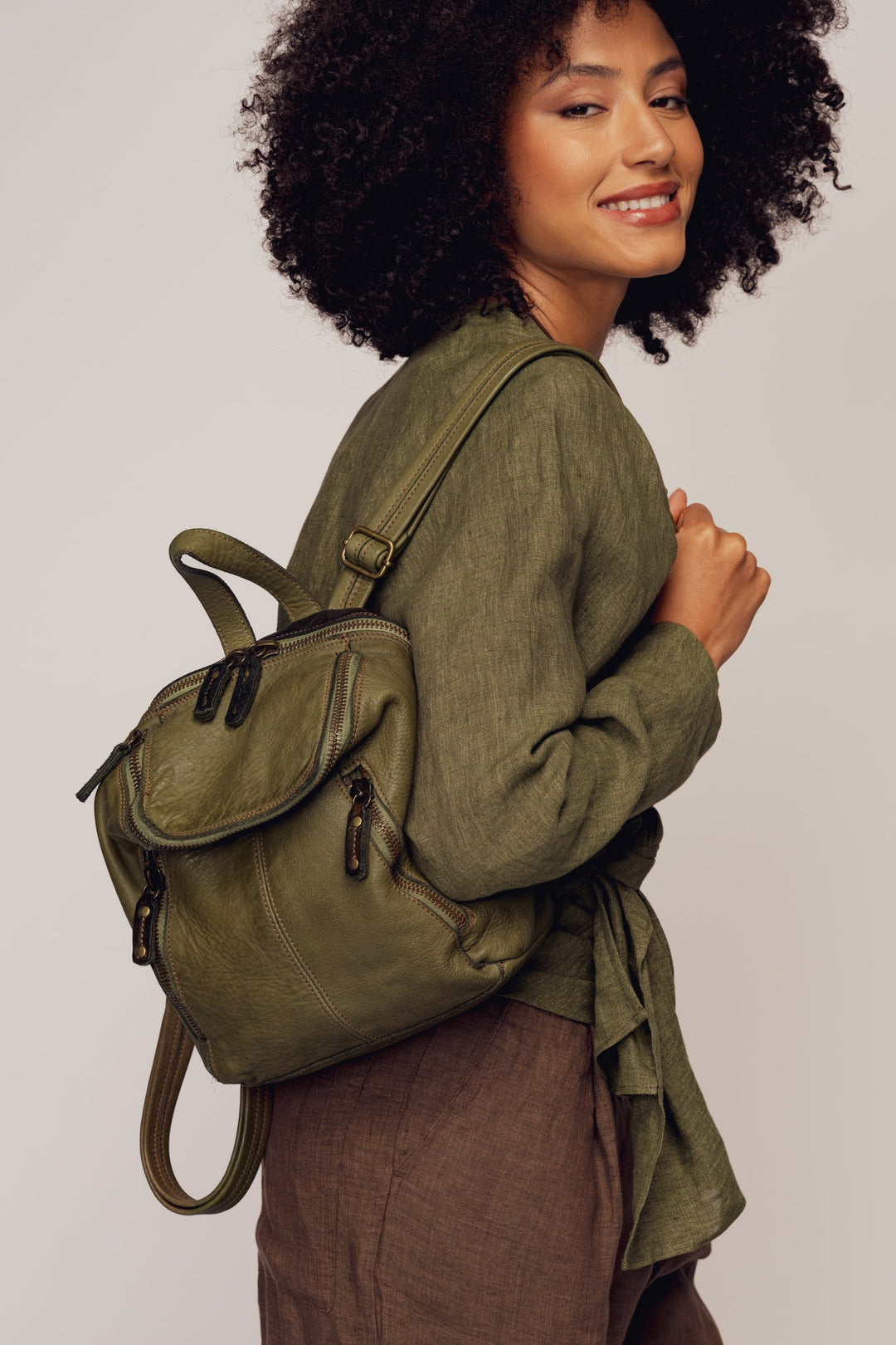 LUSHER SOFT SLOUCHY SMALL LEATHER BACKPACK SAGE GREEN, LUSHER + BAYSIDE84 COLLAB, GREEN BACKPACK PURSE, MINI LEATHER BACKPACK, SMALL LEATHER BACKPACK